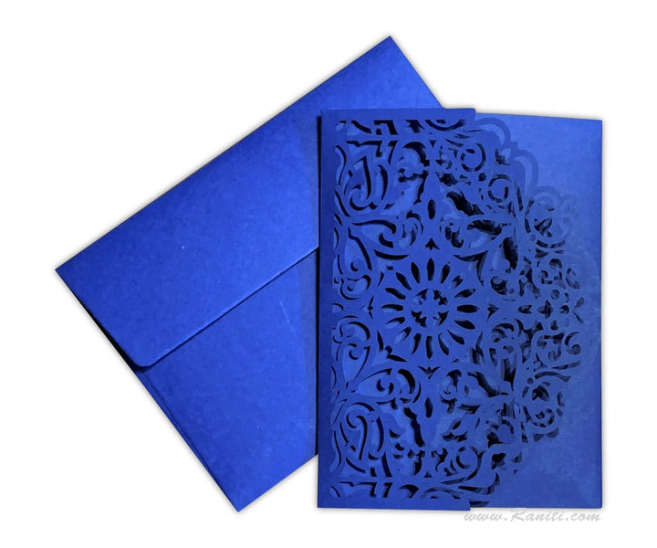 Trifold Laser Cut Blue Custom Wedding Invitation Card with Multiple Inserts | Lasercut Custom Indian Wedding Invitation AML-408  Raniti LLC - Custom Invitations & Stationery