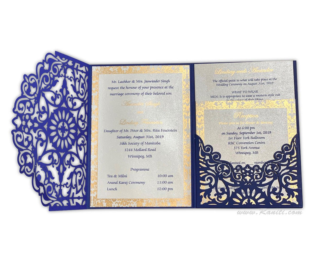 Trifold Laser Cut Blue Custom Wedding Invitation Card with Multiple Inserts | Lasercut Custom Indian Wedding Invitation AML-408  Raniti LLC - Custom Invitations & Stationery