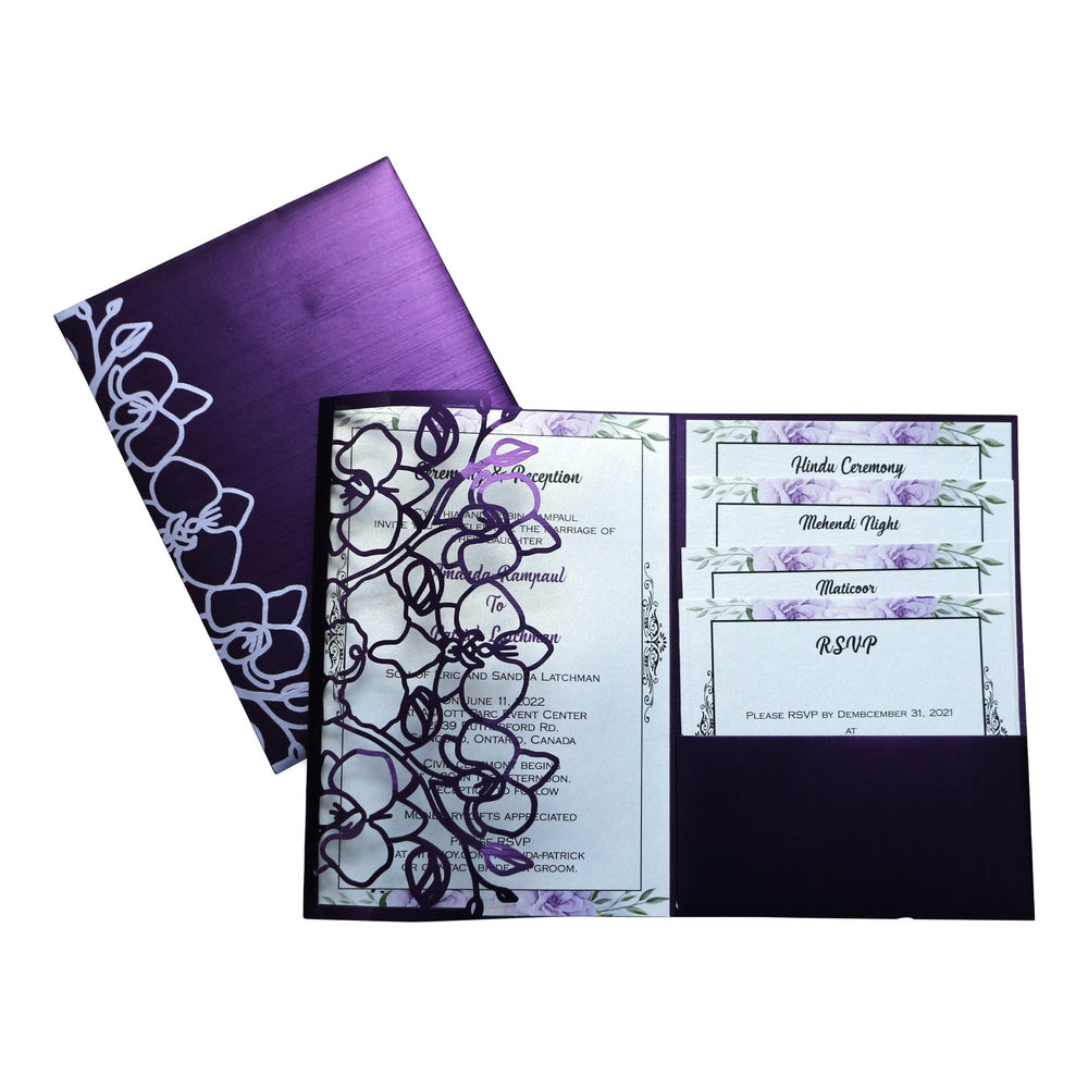 Trifold Laser Cut Purple Custom Invitation Card with Floral Digital Multiple Inserts AML-443  Raniti LLC - Custom Invitations & Stationery