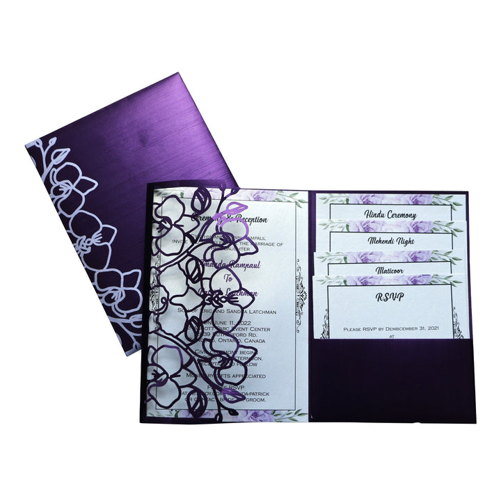 Trifold Laser Cut Purple Custom Invitation Card with Floral Digital Multiple Inserts AML-443  Raniti LLC - Custom Invitations & Stationery