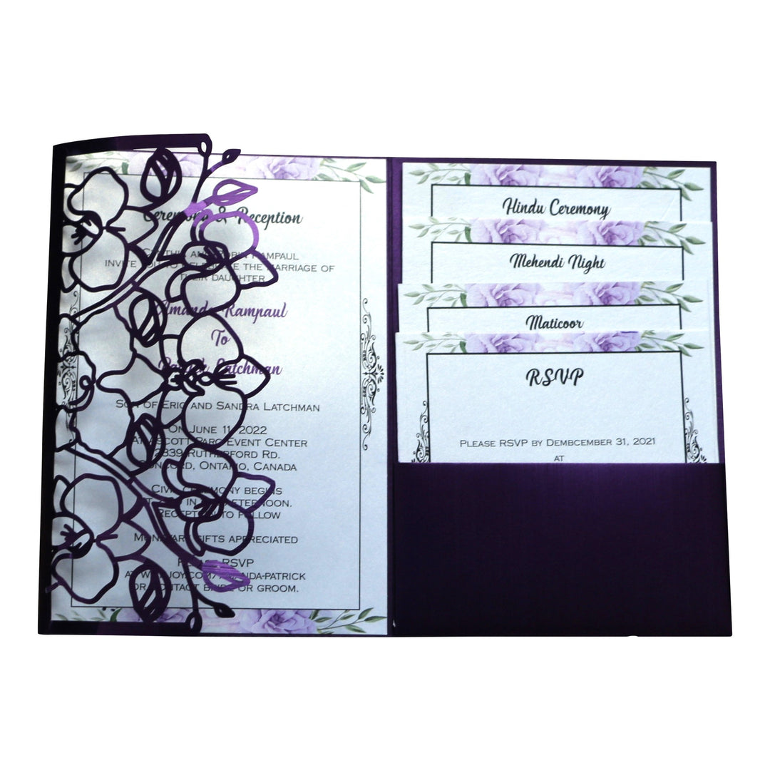 Trifold Laser Cut Purple Custom Invitation Card with Floral Digital Multiple Inserts AML-443  Raniti LLC - Custom Invitations & Stationery