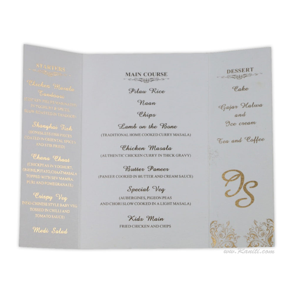 Unique Gatefold Pearl White and Golden Reception Custom Menu with Rhinestones AMMC-15  Raniti LLC - Custom Invitations & Stationery