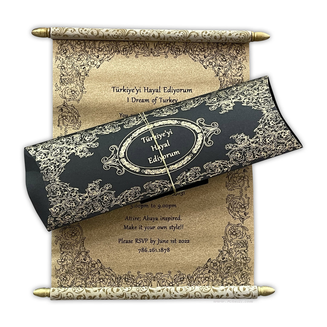 Black and Gold Custom Scroll Invitation Card for Special Birthday AMSC-57  Raniti LLC - Custom Invitations & Stationery