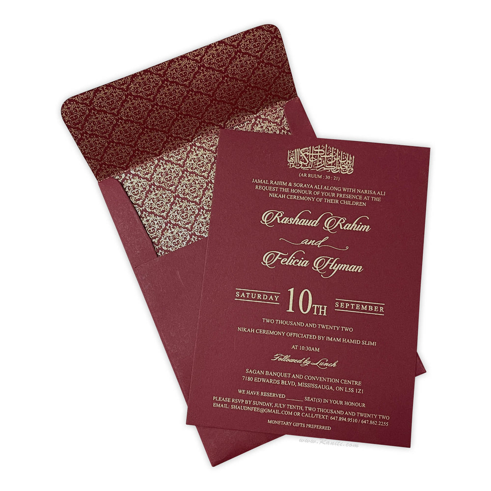 Nikah Ceremony Invitation card | Registry Marriage | Nikkah Custom Invitation Card AMSO-299  Raniti LLC - Custom Invitations & Stationery