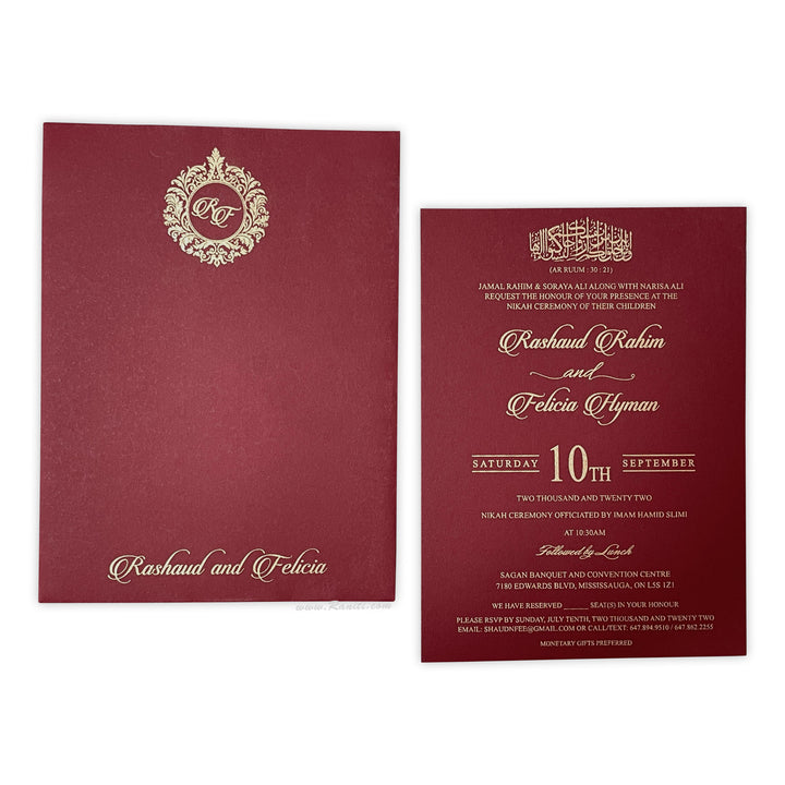 Nikah Ceremony Invitation card | Registry Marriage | Nikkah Custom Invitation Card AMSO-299  Raniti LLC - Custom Invitations & Stationery