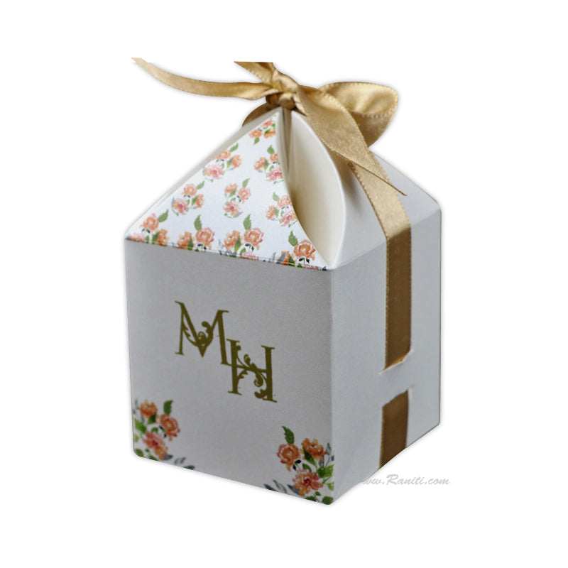 Floral Theme Sweet-Cake-Chocolate-Favor Custom Box with Personalized Ribbon | Wedding Cake Box | Elegant Favor Boxes | Thank You Gift Boxes FB-52  Raniti LLC - Custom Invitations & Stationery