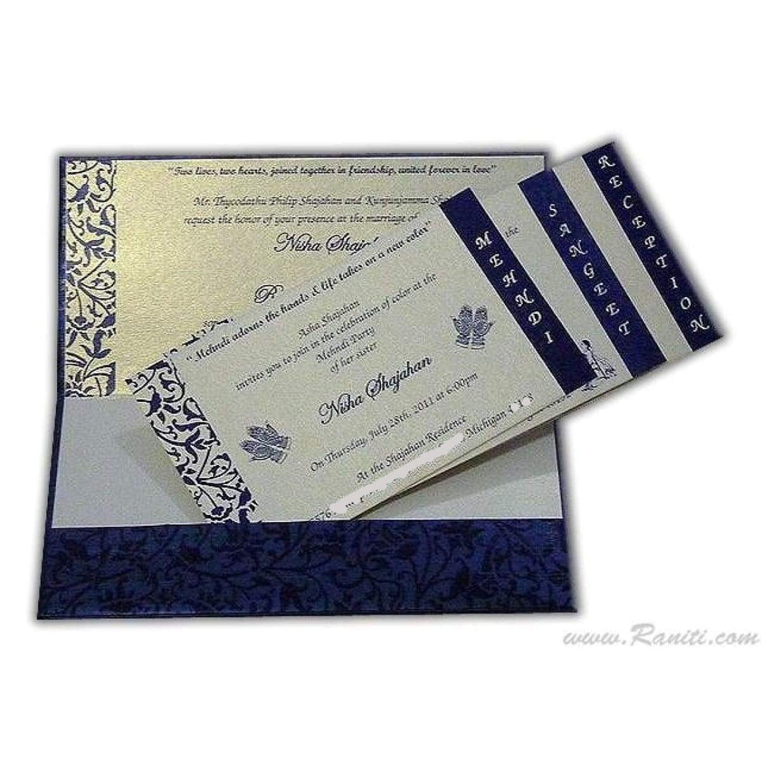 Custom Blue with Damask Print Wedding Invitation Card and Staggered Inserts AM-449 freeshipping - Raniti LLC - Custom Invitations & Stationery