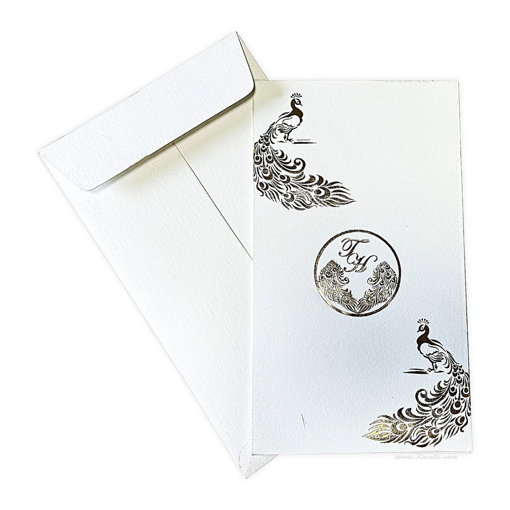 Custom Classic Invitation Card with Peacock Theme and Gold Foil Print | White Wedding Invitation Card all Foil Print AM - 558 - Raniti LLC - Custom Invitations & Stationery