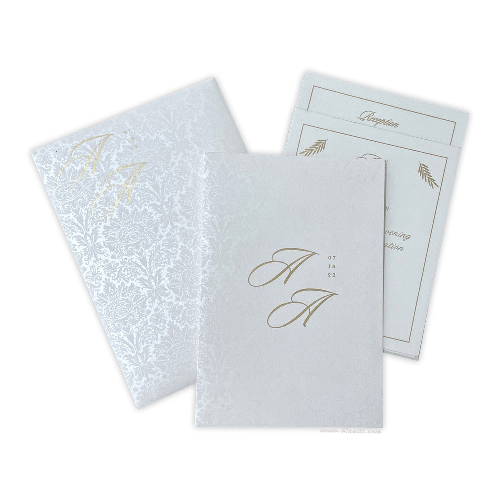 Custom Classic White Invitation Card with Multiple Inserts and Gold Accent | White Wedding Invitation Card AM - 482 - Raniti LLC - Custom Invitations & Stationery