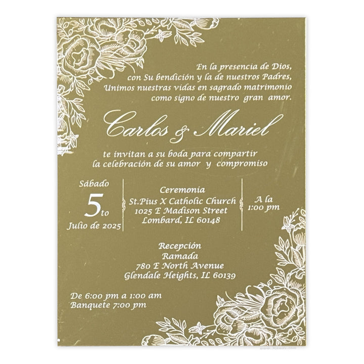Gold Mirror Acrylic Custom Invitation card | Spanish Wedding Invitation Card AML - 480 - Raniti LLC - Custom Invitations & Stationery