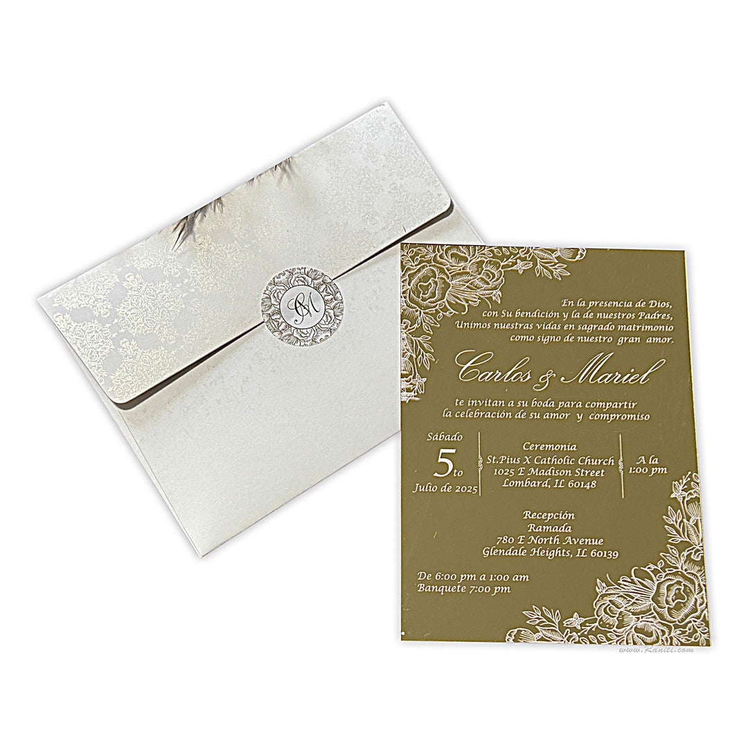 Gold Mirror Acrylic Custom Invitation card | Spanish Wedding Invitation Card AML - 480 - Raniti LLC - Custom Invitations & Stationery