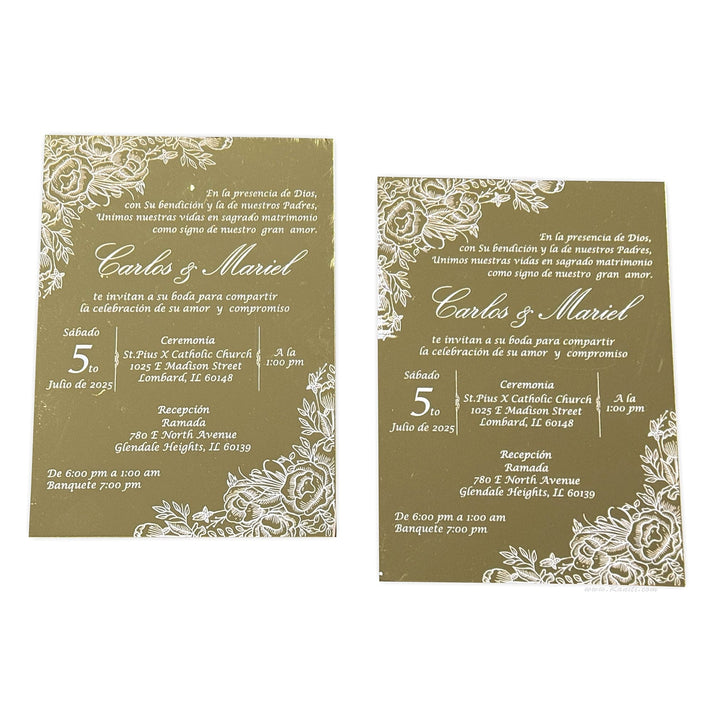 Gold Mirror Acrylic Custom Invitation card | Spanish Wedding Invitation Card AML - 480 - Raniti LLC - Custom Invitations & Stationery