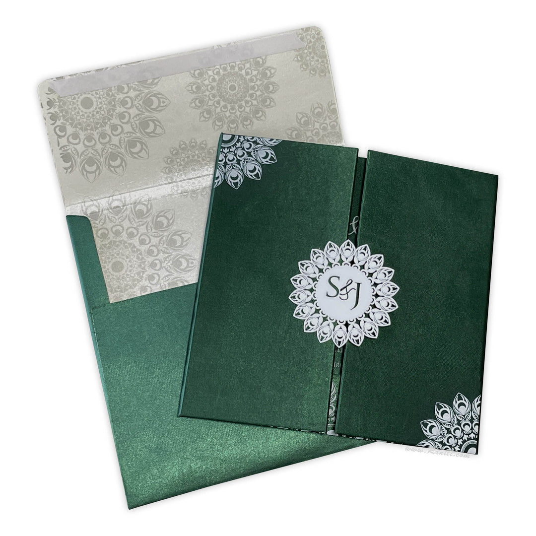 Green Satin Luxury Wedding Invitation card | Hard Cover Custom Luxury Satin Acrylic Invitation Card ACDHL - 19 - Raniti LLC - Custom Invitations & Stationery