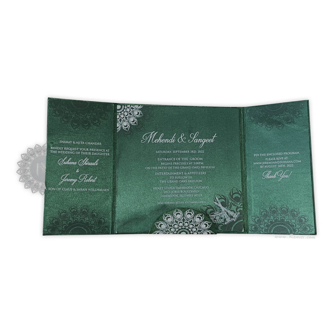 Green Satin Luxury Wedding Invitation card | Hard Cover Custom Luxury Satin Acrylic Invitation Card ACDHL - 19 - Raniti LLC - Custom Invitations & Stationery