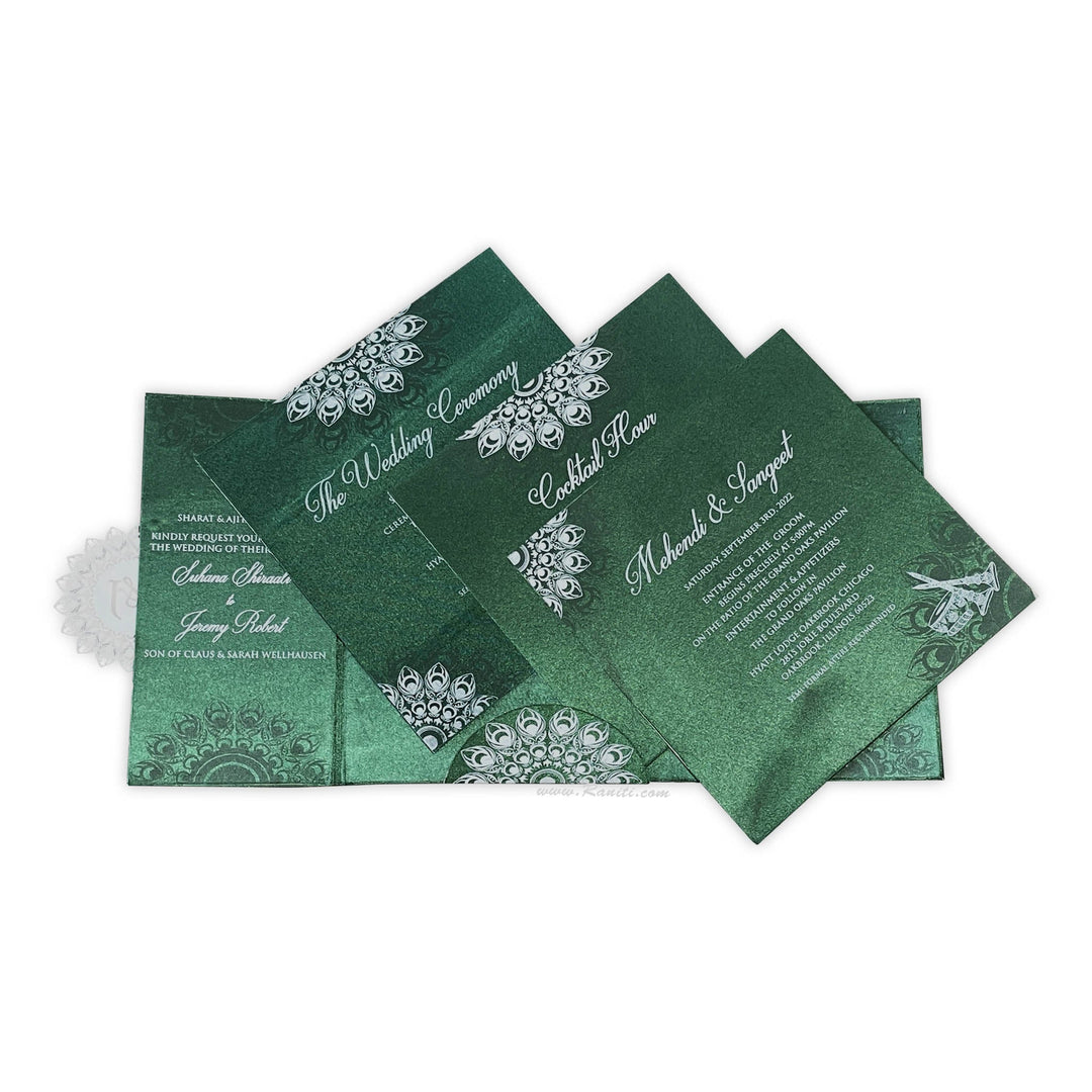 Green Satin Luxury Wedding Invitation card | Hard Cover Custom Luxury Satin Acrylic Invitation Card ACDHL - 19 - Raniti LLC - Custom Invitations & Stationery