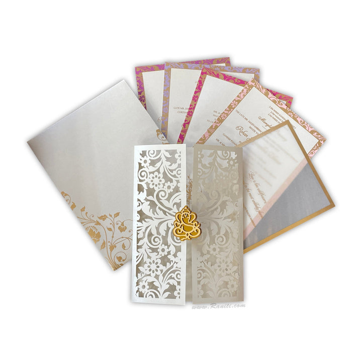 Lasercut Custom Invitation Card Pearl White Gate Fold with Cascading Inserts AML - 266 - Raniti LLC - Custom Invitations & Stationery