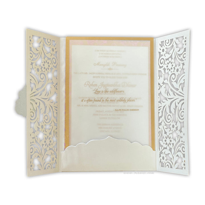 Lasercut Custom Invitation Card Pearl White Gate Fold with Cascading Inserts AML - 266 - Raniti LLC - Custom Invitations & Stationery