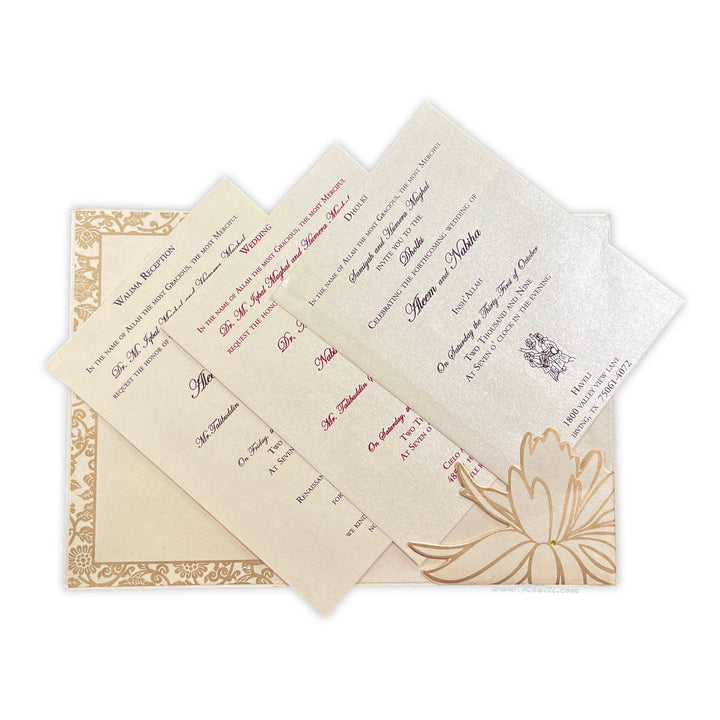 Lotus Theme Golden Custom Invitation card with Multiple Inserts | Classic Custom Invitation Card AM - 371 - Raniti LLC - Custom Invitations & Stationery