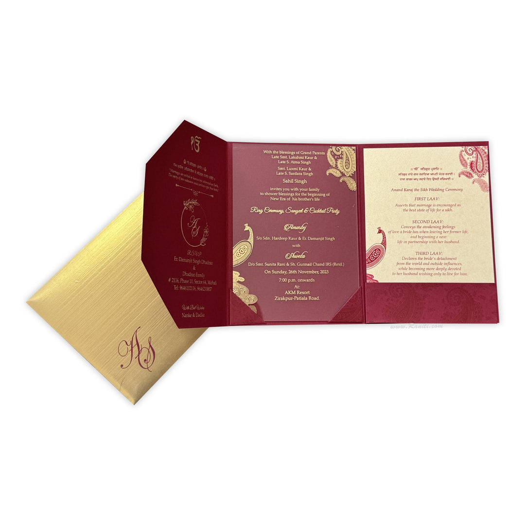 Luxury Peacock Theme Acrylic Wedding Invitation Card with Clear Acrylic & Red Trifold Inserts AML - 472 - Raniti LLC - Custom Invitations & Stationery