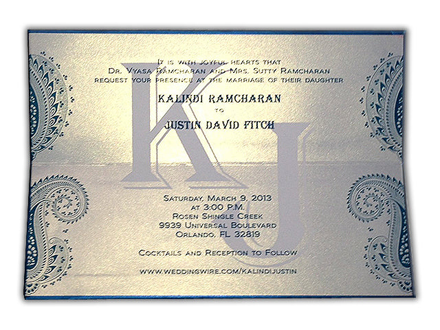 Bifold Hard Cover Dark Blue Custom Invitation Card with Multiple Inserts and Rhinestones AMH-12  Raniti LLC - Custom Invitations & Stationery