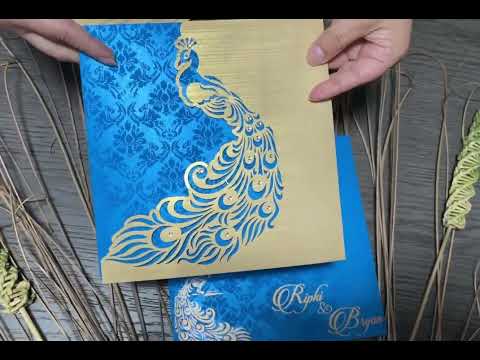 Peacock Blue Laser Cut and Stones Custom Invitation Card with Cascading Inserts | Bride & Groom Invitation Card AML-220