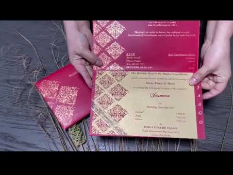 Red and Golden Rectangle Custom Invitation Card with Laser Cut Monogram Initials AML-199