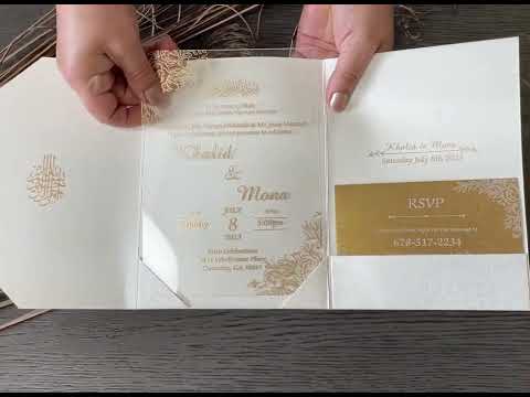 Trifold Pearl White Classic Custom Invitation Card with Clear Acrylic and Paper Inserts, Custom Damask Theme Acrylic Invitation AML-333