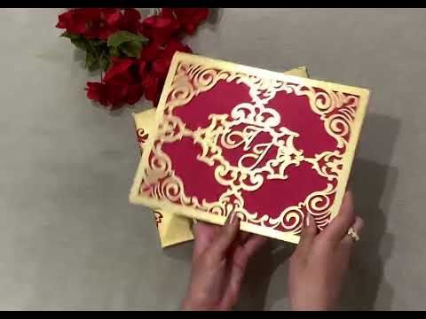 Luxury Red and Gold Laser Cut Hard Cover Custom Wedding Invitation Card AMHL-90