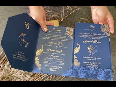 Trifold Blue Classic Custom Invitation Card with Clear Acrylic and Paper Inserts, Custom Peacock Theme Acrylic Invitation AML-335