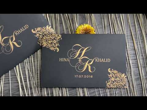 Black Rectangle Islamic Custom Invitation Card with Stones | Custom Black Wedding Invitation Card AM-300