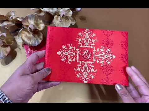 Damask Theme Red Satin Fabric Heavy Back Custom Luxury Royal Wedding Invitation Card with Multiple Inserts AMH-1