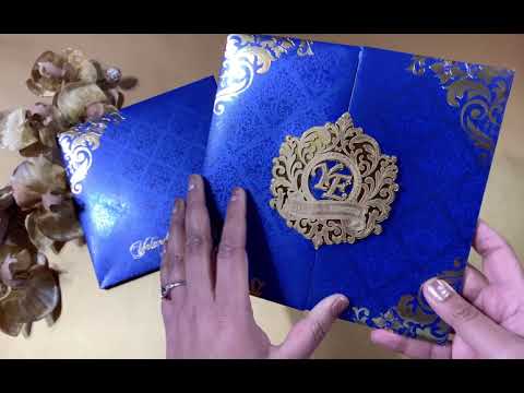 Luxury Custom, Hard Cover Gatefold Laser Cut Blue and Gold Invitation Card AMHL-195