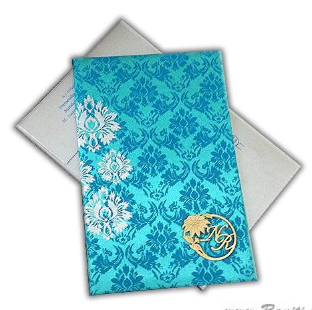 Teal Satin Damask Print Traditional Custom Lasercut Invitation AMHL100 | Raniti LLC - Custom Invitations & Stationery | custom wedding invites | damask print custom invitation