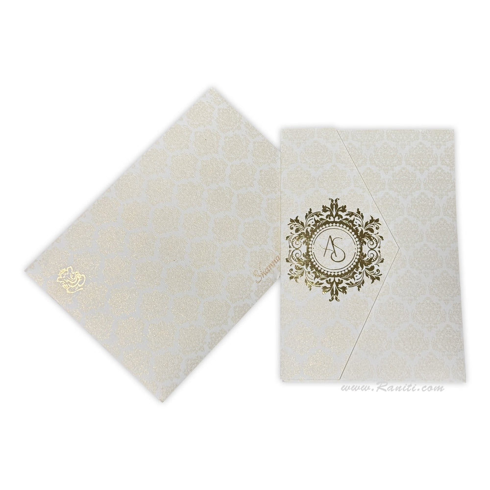 Trifold White Classic Custom Invitation Card with Foil print, Custom Damask Theme ACD - 33 - Raniti LLC - Custom Invitations & Stationery