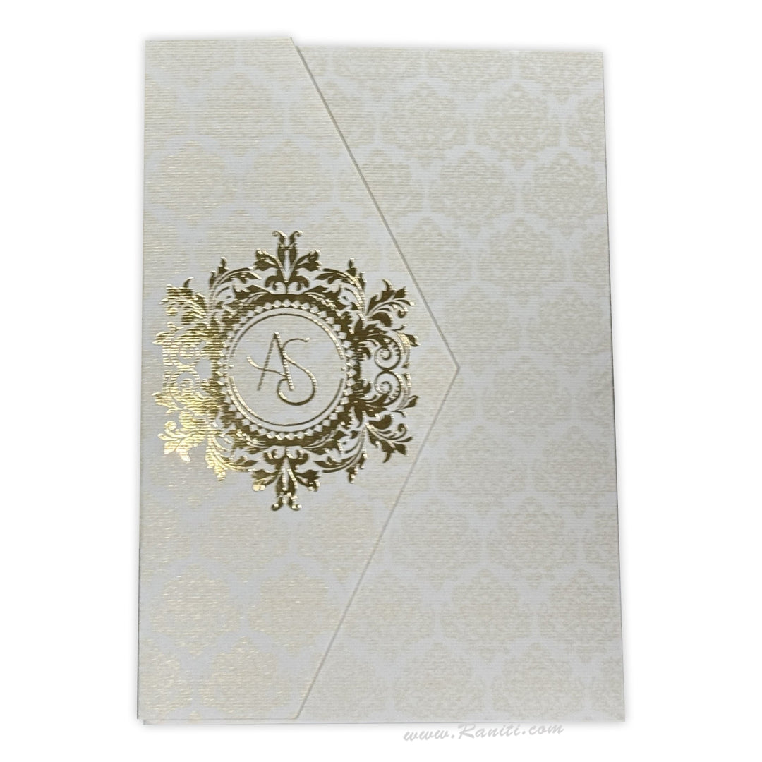 Trifold White Classic Custom Invitation Card with Foil print, Custom Damask Theme ACD - 33 - Raniti LLC - Custom Invitations & Stationery