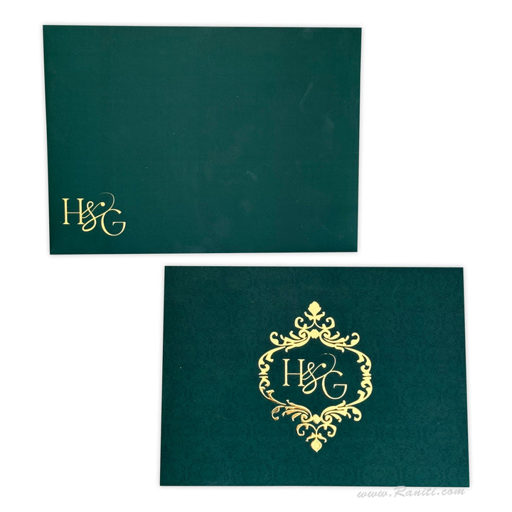 Velvet Finish Green Custom Wedding Indian Invitation Card | Velvet Foil Print Wedding Luxury Invitations ACD - 28 - Raniti LLC - Custom Invitations & Stationery