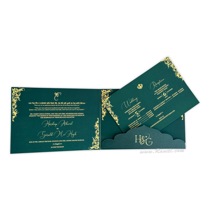 Velvet Finish Green Custom Wedding Indian Invitation Card | Velvet Foil Print Wedding Luxury Invitations ACD - 28 - Raniti LLC - Custom Invitations & Stationery