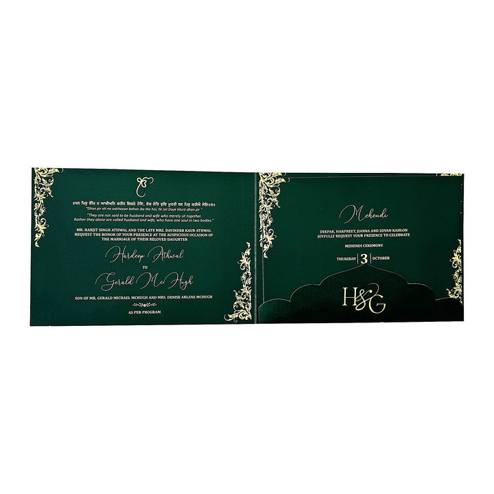 Velvet Finish Green Custom Wedding Indian Invitation Card | Velvet Foil Print Wedding Luxury Invitations ACD - 28 - Raniti LLC - Custom Invitations & Stationery