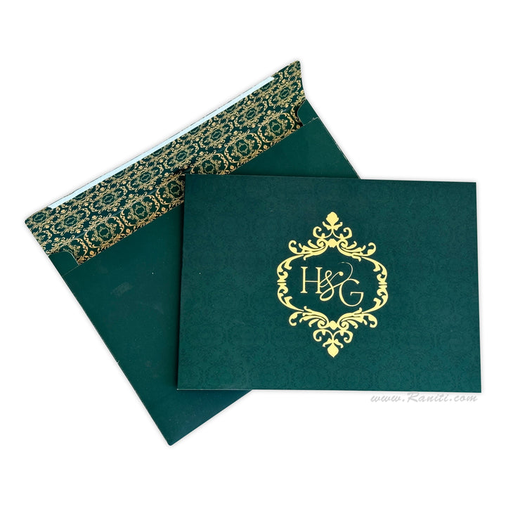 Velvet Finish Green Custom Wedding Indian Invitation Card | Velvet Foil Print Wedding Luxury Invitations ACD - 28 - Raniti LLC - Custom Invitations & Stationery