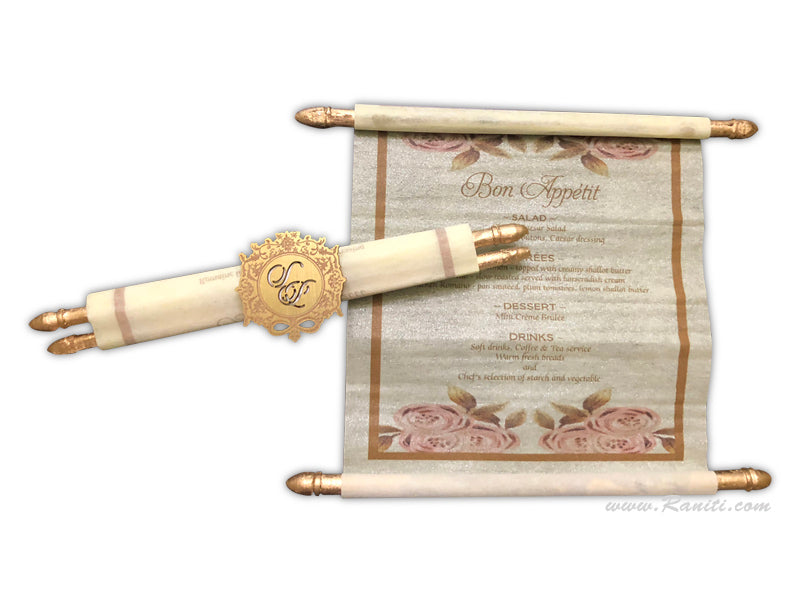 Scroll Menu | Royal Wedding Reception Menu Card | Royal Scroll Menu Card for Reception Dinner AMMC-24  Raniti LLC - Custom Invitations & Stationery