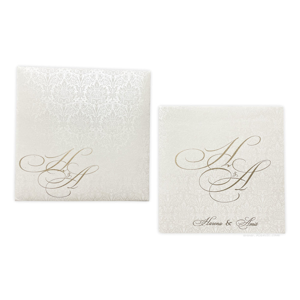 Damask Print Classic Square White Custom Invitation Card | Classic White Custom Invitation Card with Multiple Inserts AM-178  Raniti LLC - Custom Invitations & Stationery