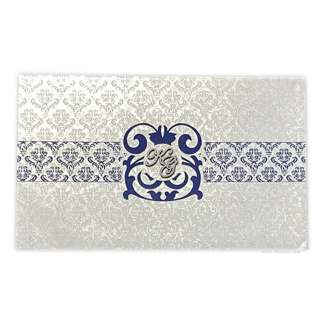 Blue and White Rectangle Custom Invitation Card with Laser Cut Monogram Initials AML-200  Raniti LLC - Custom Invitations & Stationery