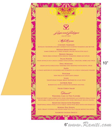 Folded Golden Wedding Reception Menu Card | Fuchsia and Golden Menu Card for Reception Dinner ACDMC-1 100 Raniti LLC - Custom Invitations & Stationery