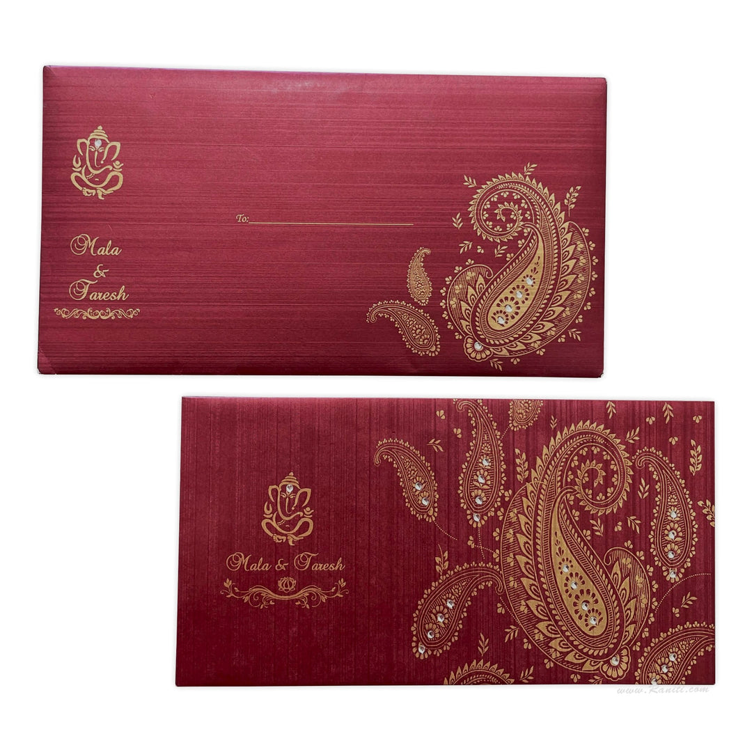 Red Rectangle Wedding Custom Invitation Card, Paisley and Stones Custom Red Invitations with Multiple Inserts AM-108  Raniti LLC - Custom Invitations & Stationery