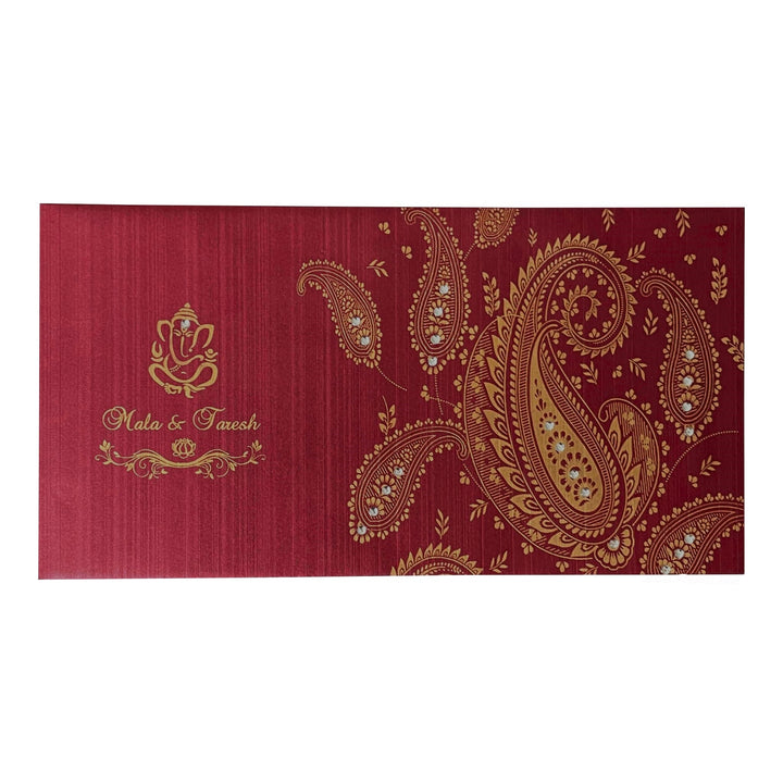 Red Rectangle Wedding Custom Invitation Card, Paisley and Stones Custom Red Invitations with Multiple Inserts AM-108  Raniti LLC - Custom Invitations & Stationery