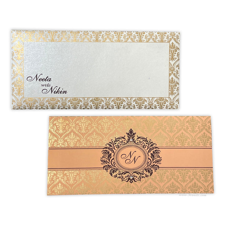 Peach and Pearl White Damask Theme Rectangle Custom Invitation Card Multiple Inserts AM-135  Raniti LLC - Custom Invitations & Stationery