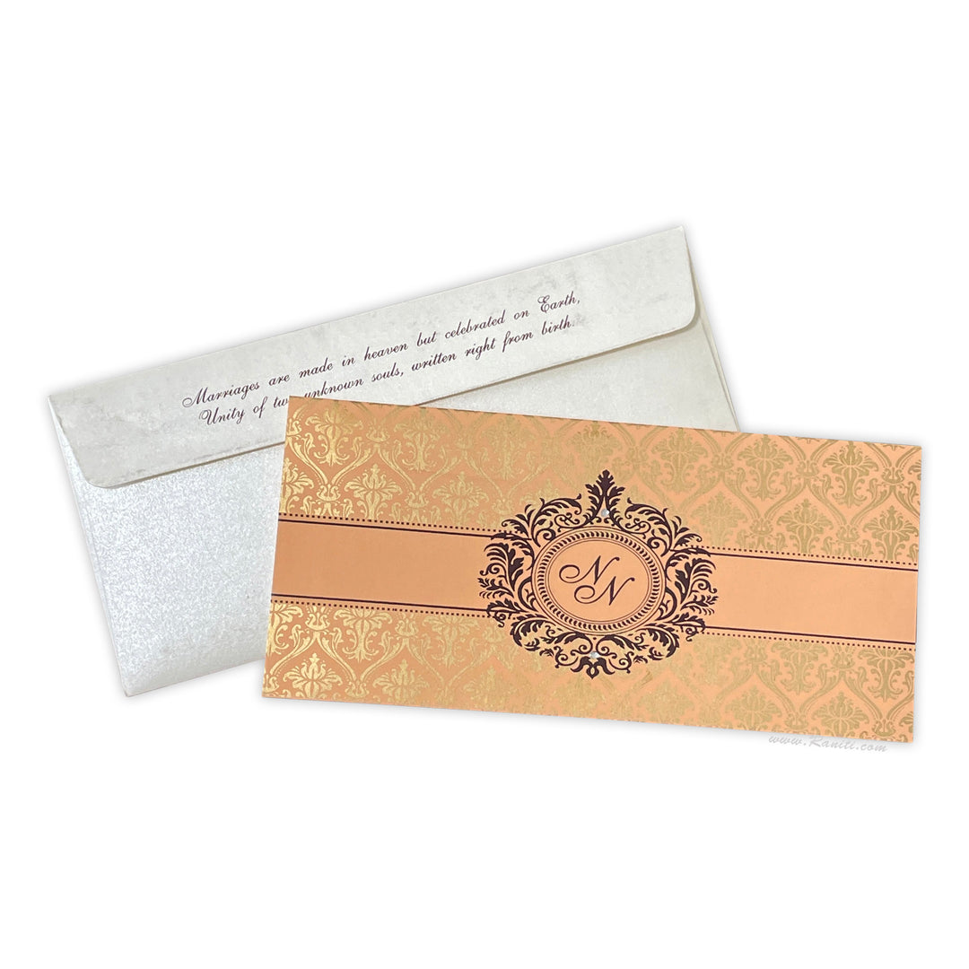 Peach and Pearl White Damask Theme Rectangle Custom Invitation Card Multiple Inserts AM-135  Raniti LLC - Custom Invitations & Stationery