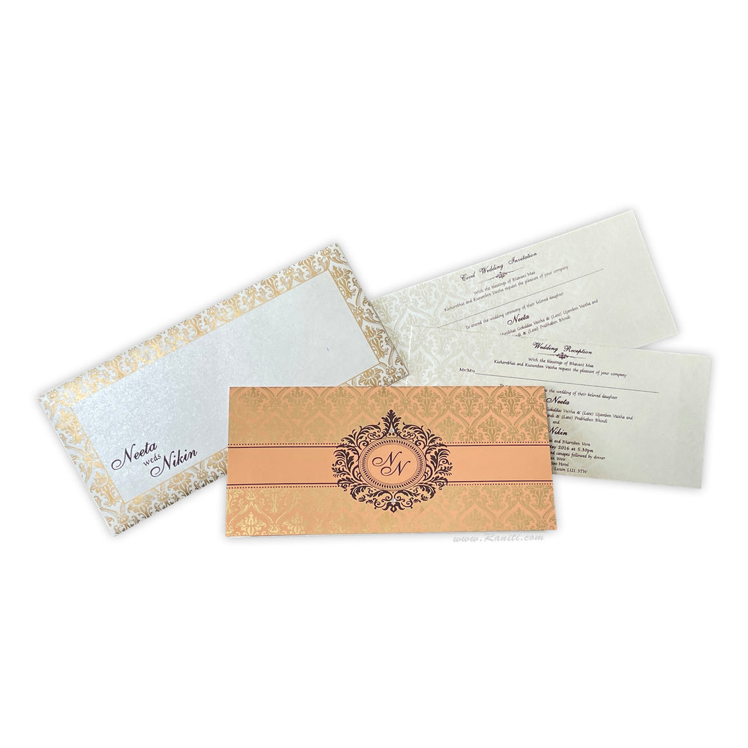 Peach and Pearl White Damask Theme Rectangle Custom Invitation Card Multiple Inserts AM-135 Signature Raniti LLC - Custom Invitations & Stationery