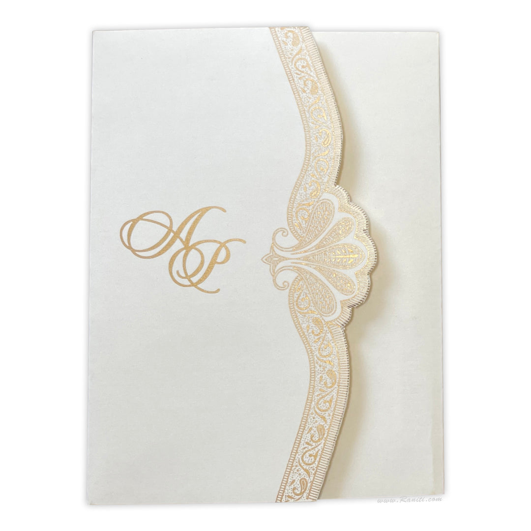 Three fold His and Her White and Golden Custom Invitation Card, Bride & Groom Invitation AM-156  Raniti LLC - Custom Invitations & Stationery