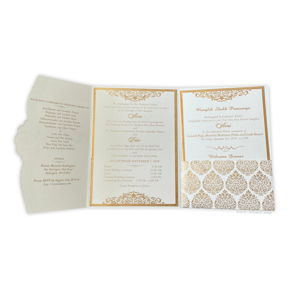 Three fold His and Her White and Golden Custom Invitation Card, Bride & Groom Invitation AM-156  Raniti LLC - Custom Invitations & Stationery